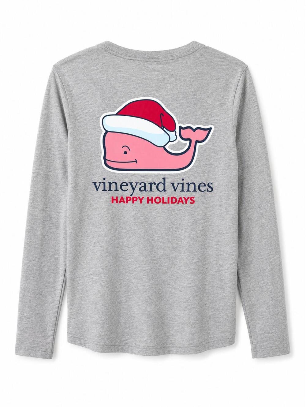 Vineyard Vines Gray Long Sleeve Holiday Special Whale Graphic Pocket Tee Size L